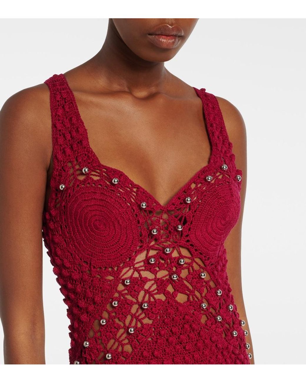 Rabanne Red Embellished Crochet Cotton Midi Dress