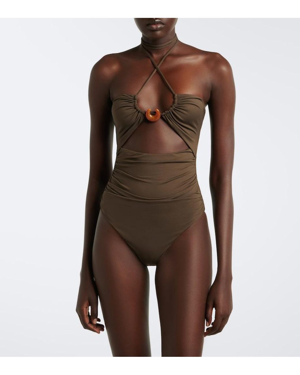 Magda Butrym Brown Ruched Halterneck Swimsuit