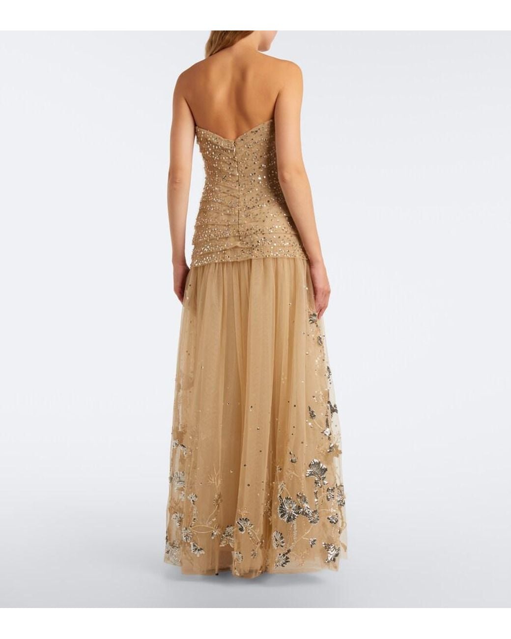 Georges Hobeika Natural Sequined Tiered Tulle Bustier Gown