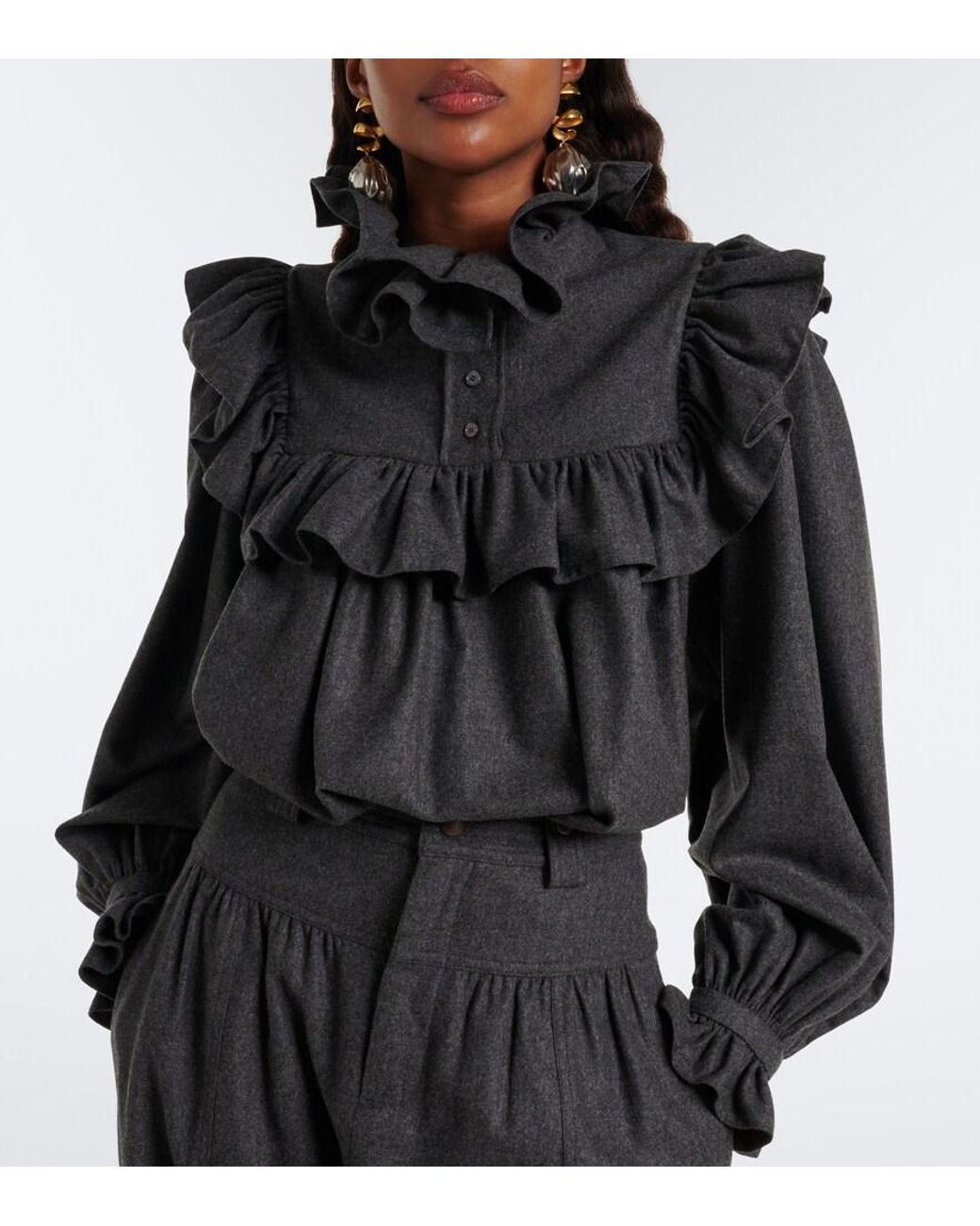 Chloé Black Ruffled Wool And Cashmere Flannel Blouse