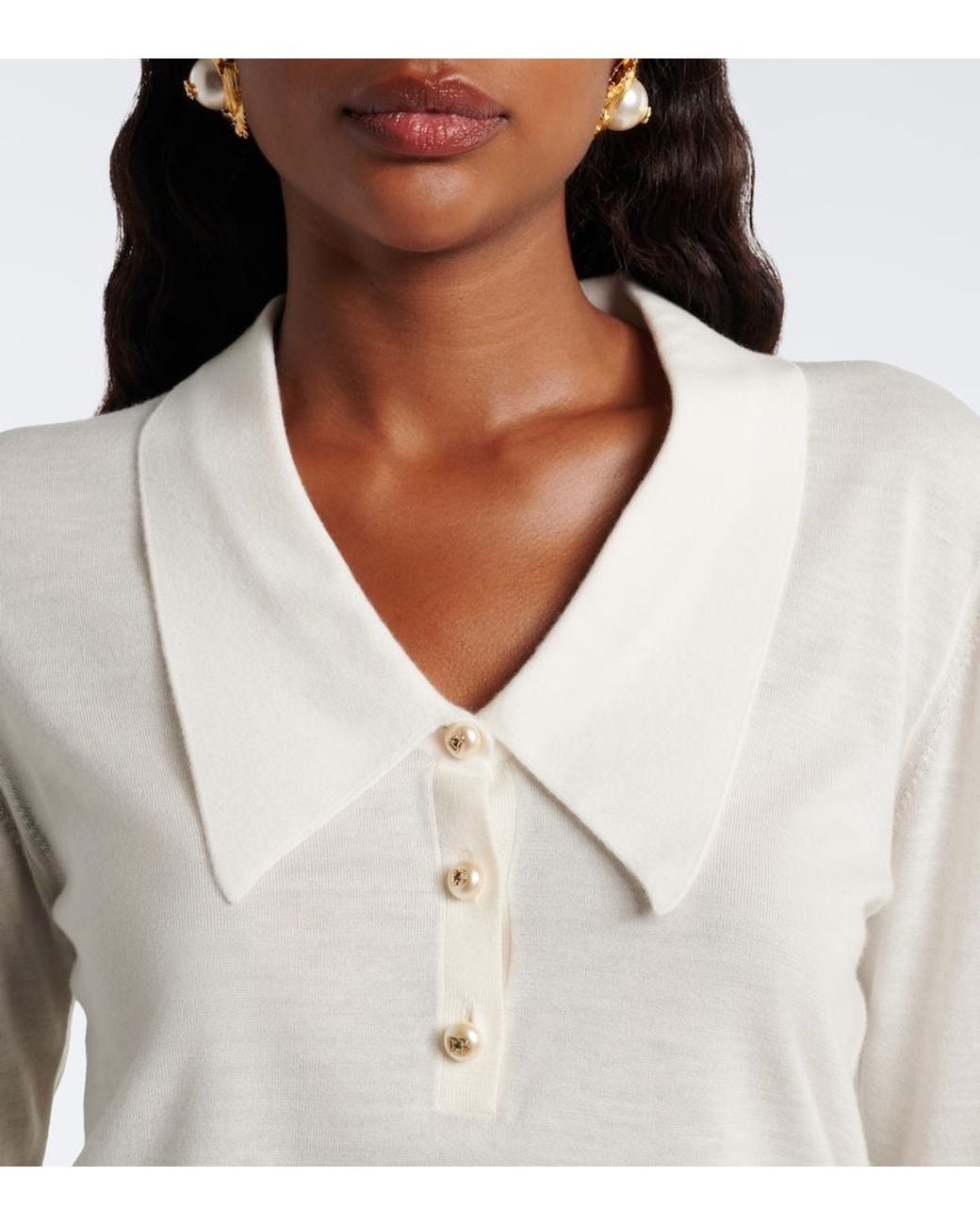 Dolce & Gabbana White Embellished Cashmere-Blend Polo Sweater