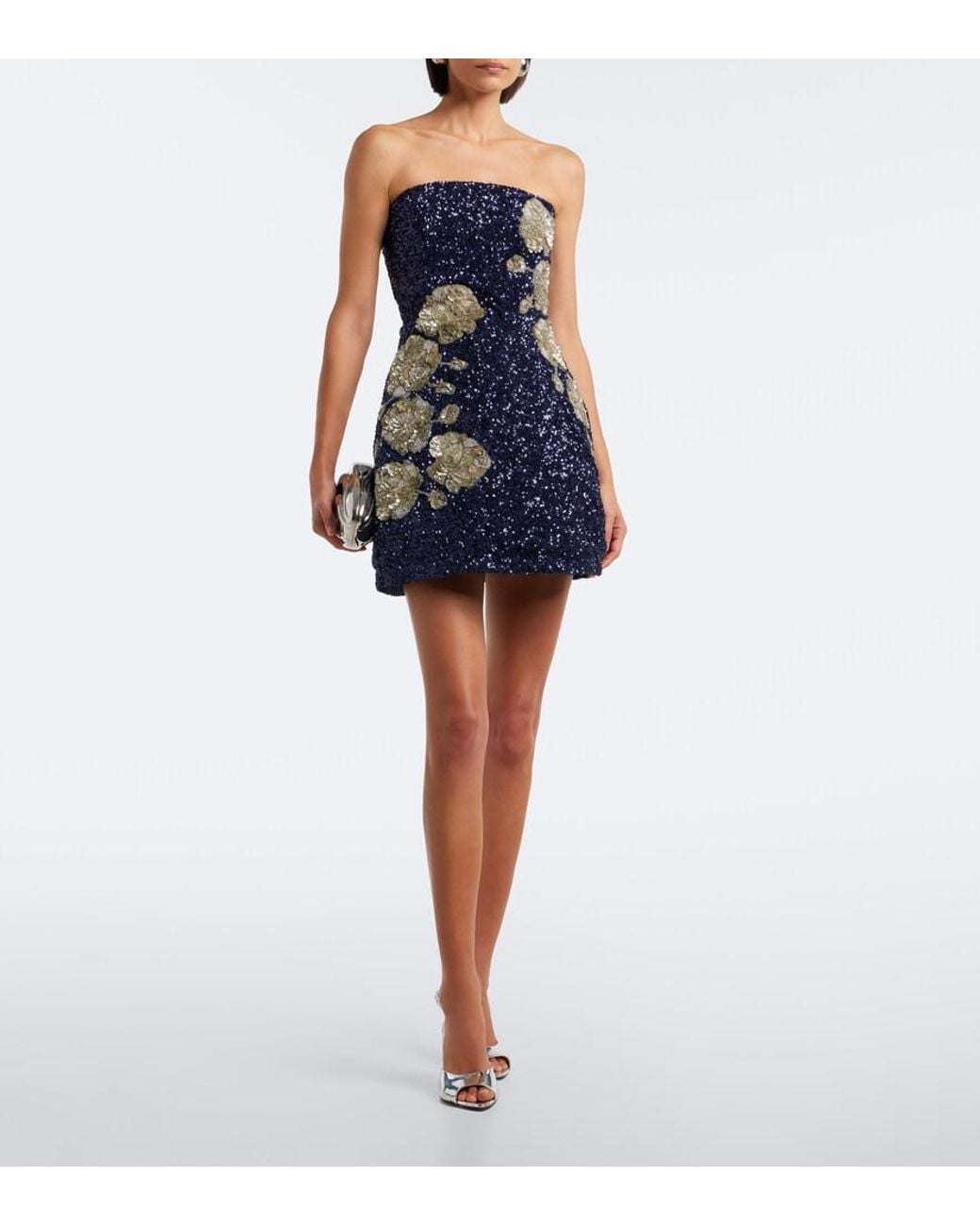 La Fuori Blue Midnight Rosette Sequined Silk Corset Dress