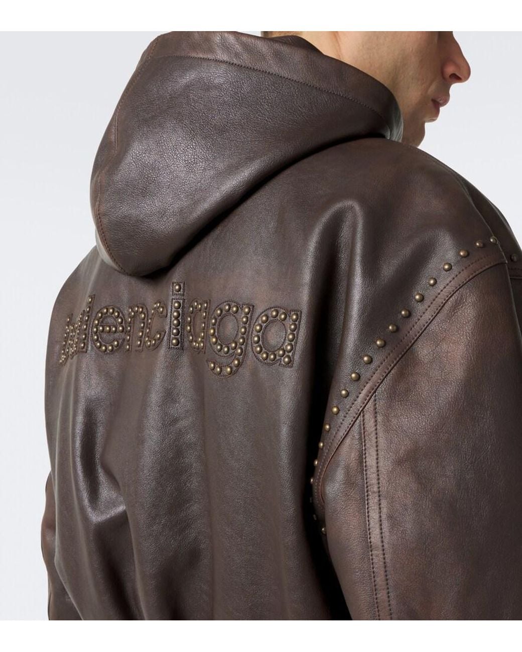 Balenciaga Brown Studded Hooded Leather Jacket for men