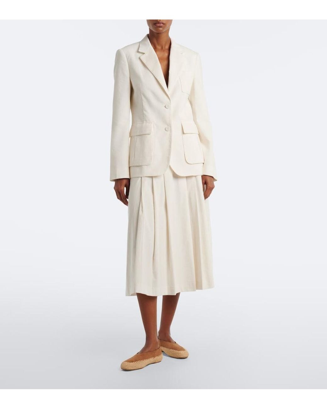 Gabriela Hearst White Wesley Pleated Cotton Corduroy Midi Skirt