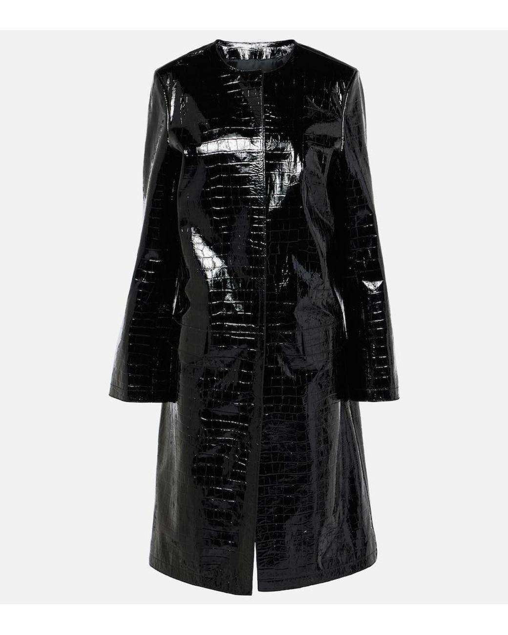 Totême Black Croc-Effect Embossed Leather Coat