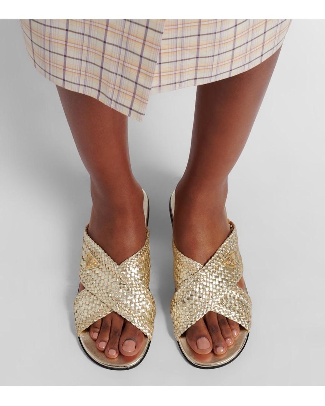 Prada White Woven Leather Slides
