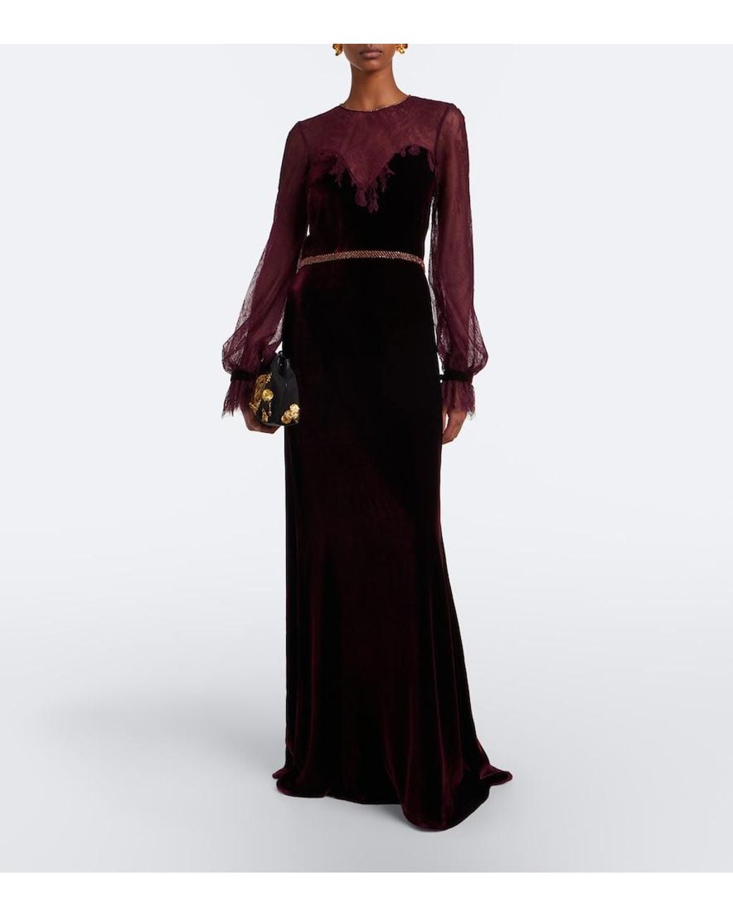 Costarellos Purple Embellished Lace-Trimmed Velvet Gown