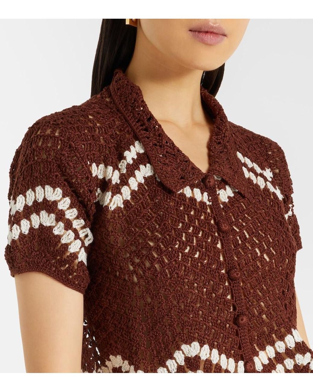 Anna Kosturova Brown Crochet Cropped Cotton Top
