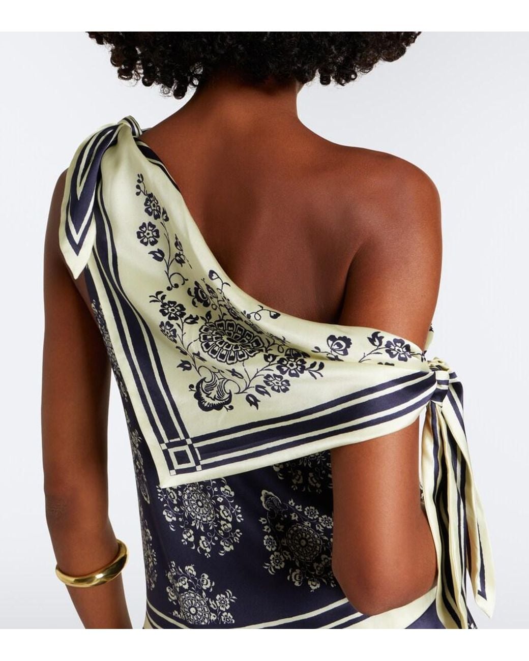 ALÉMAIS Blue Banderra Asymmetric Floral Silk Midi Dress