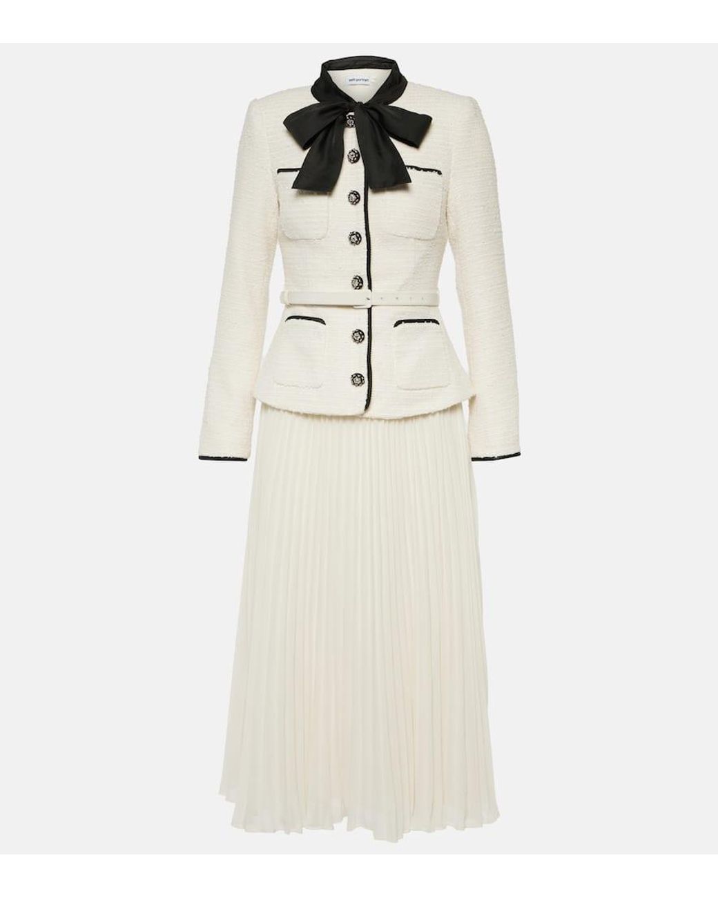 white christmas dresses Cream Tailored Bouclé And Chiffon Midi Dress – self-portrait-US