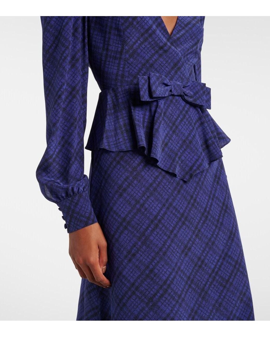 Alessandra Rich Blue Tartan Silk Midi Dress