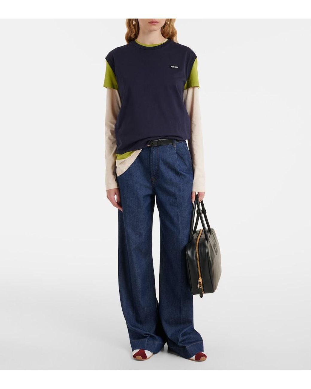 7 For All Mankind Blue Pleated High-Rise Wide-Leg Jeans