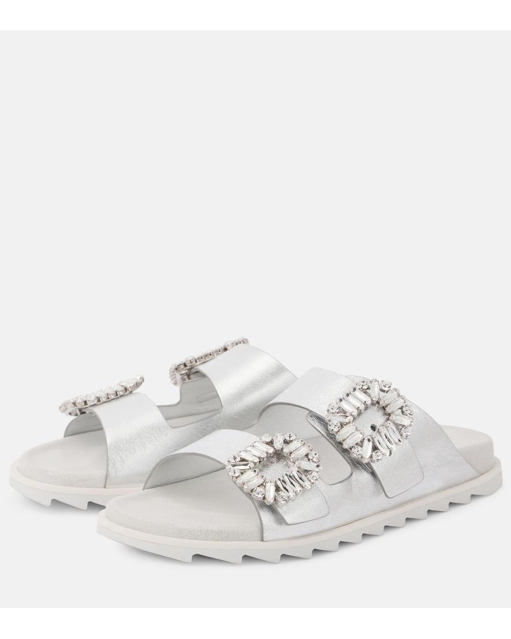 Roger Vivier White Crystal-Embellished Metallic Leather Slides