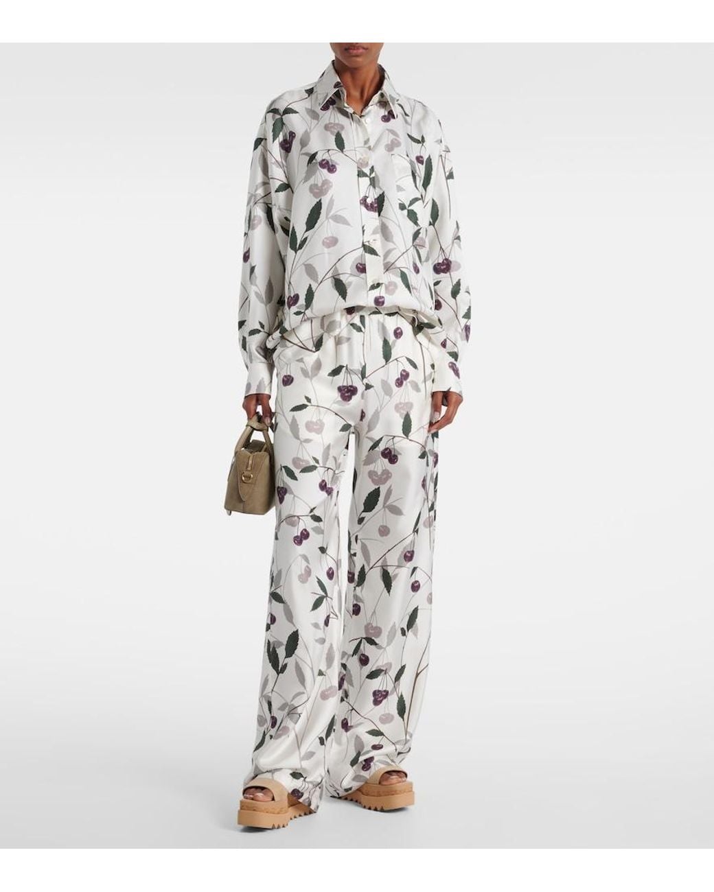 Stella McCartney White Organic Silk Cherry Wide-Leg Trousers