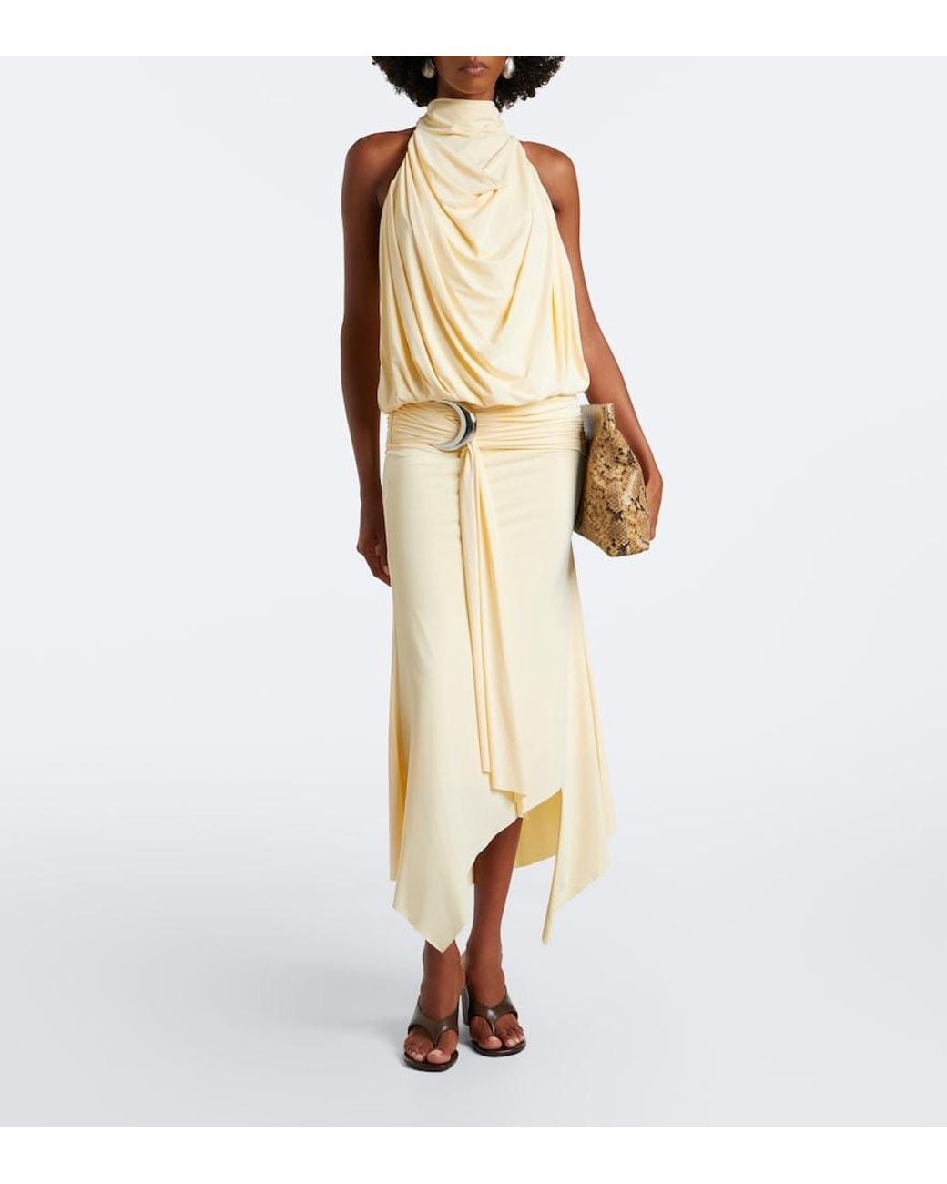 De La Vali Natural Vida Draped Jersey Midi Dress