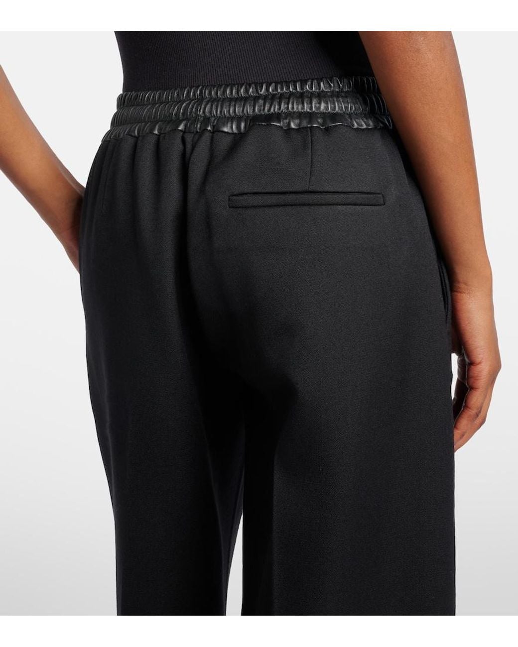 Alaïa Black Leather-Trimmed Virgin Wool Wide-Leg Pants