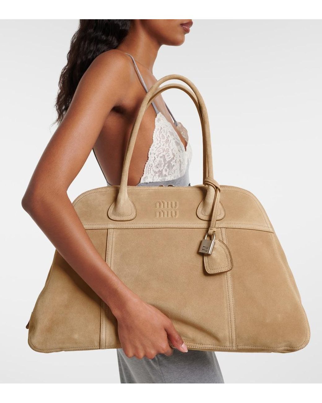 Miu Miu Natural Vivant Large Suede Bowling Bag