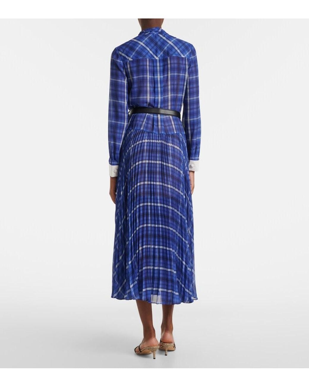 Self-Portrait Blue Belted Checked Chiffon Midi Dress