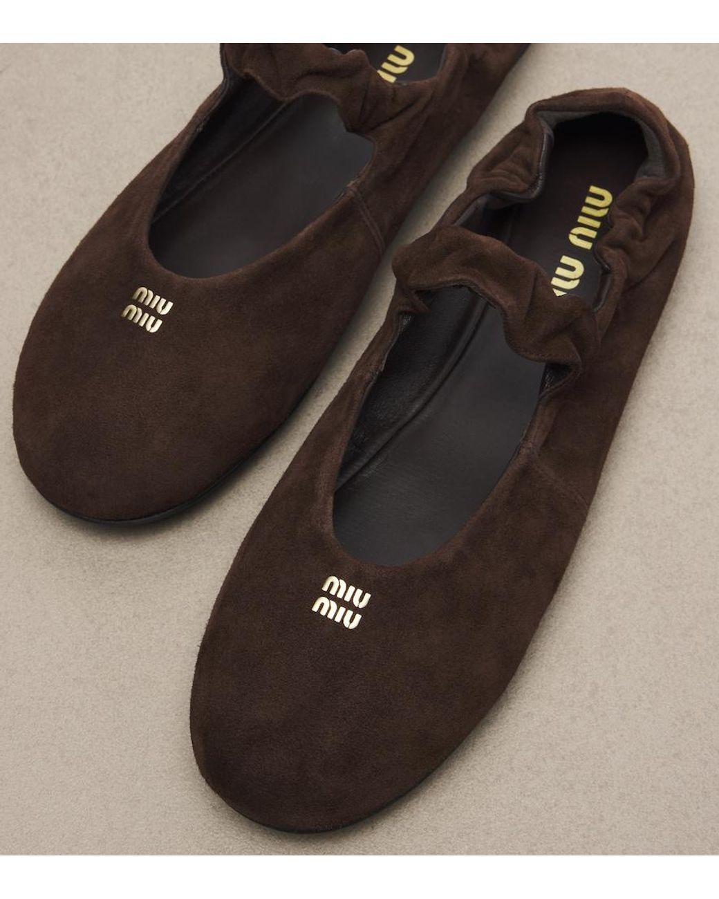 Miu Miu Brown Ruches Suede Mary Jane Flats