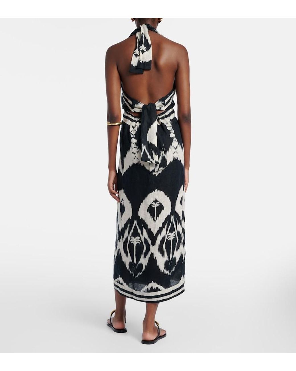 Johanna Ortiz White Printed Open-Back Linen Midi Dress