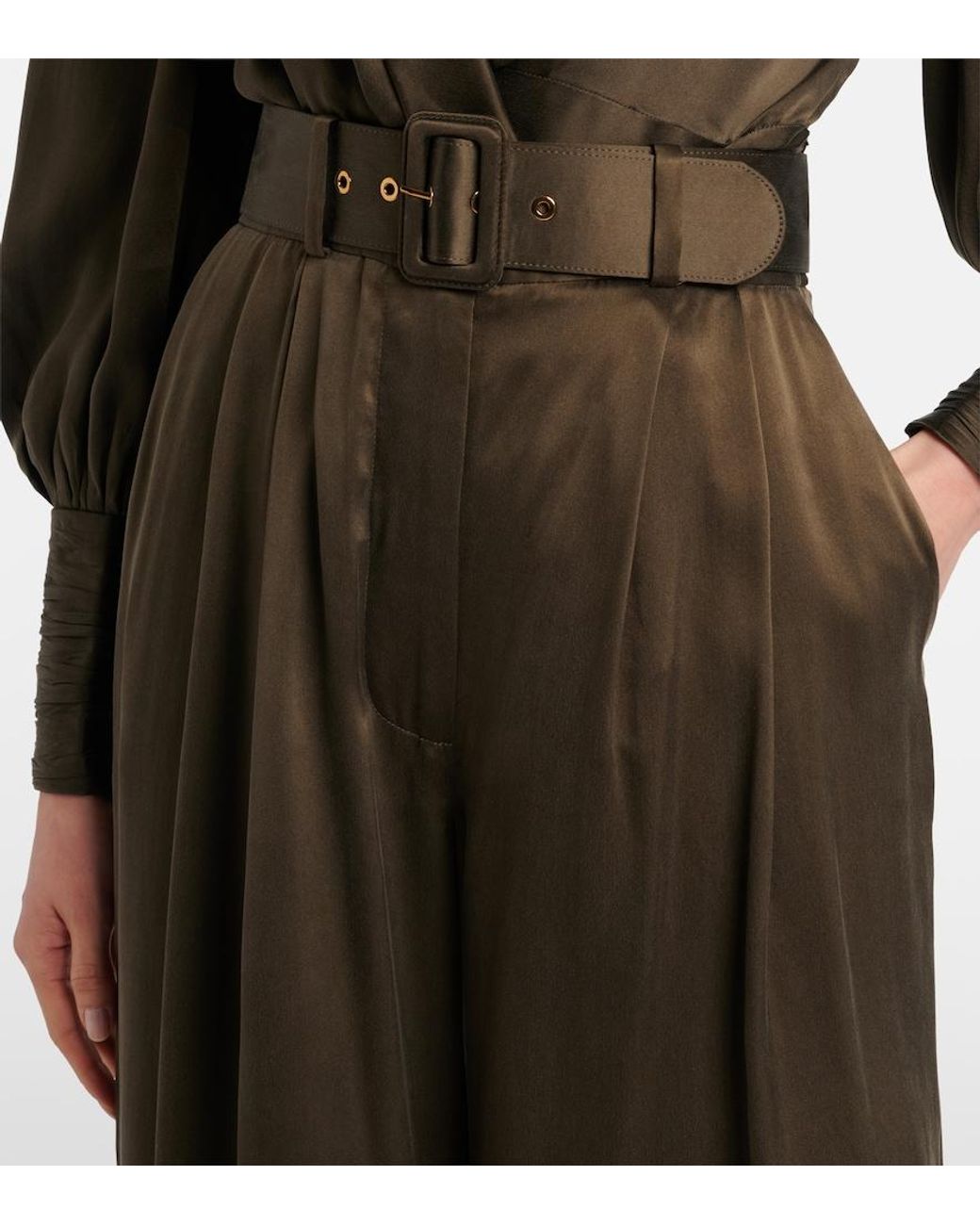 Zimmermann Brown Belted Silk Wide-Leg Pants