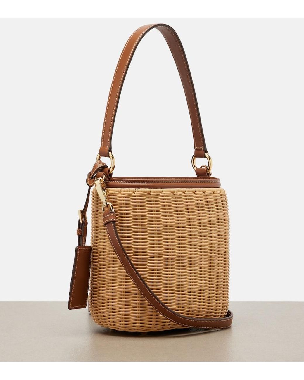 Prada Brown Leather-Trimmed Wicker Bucket Bag