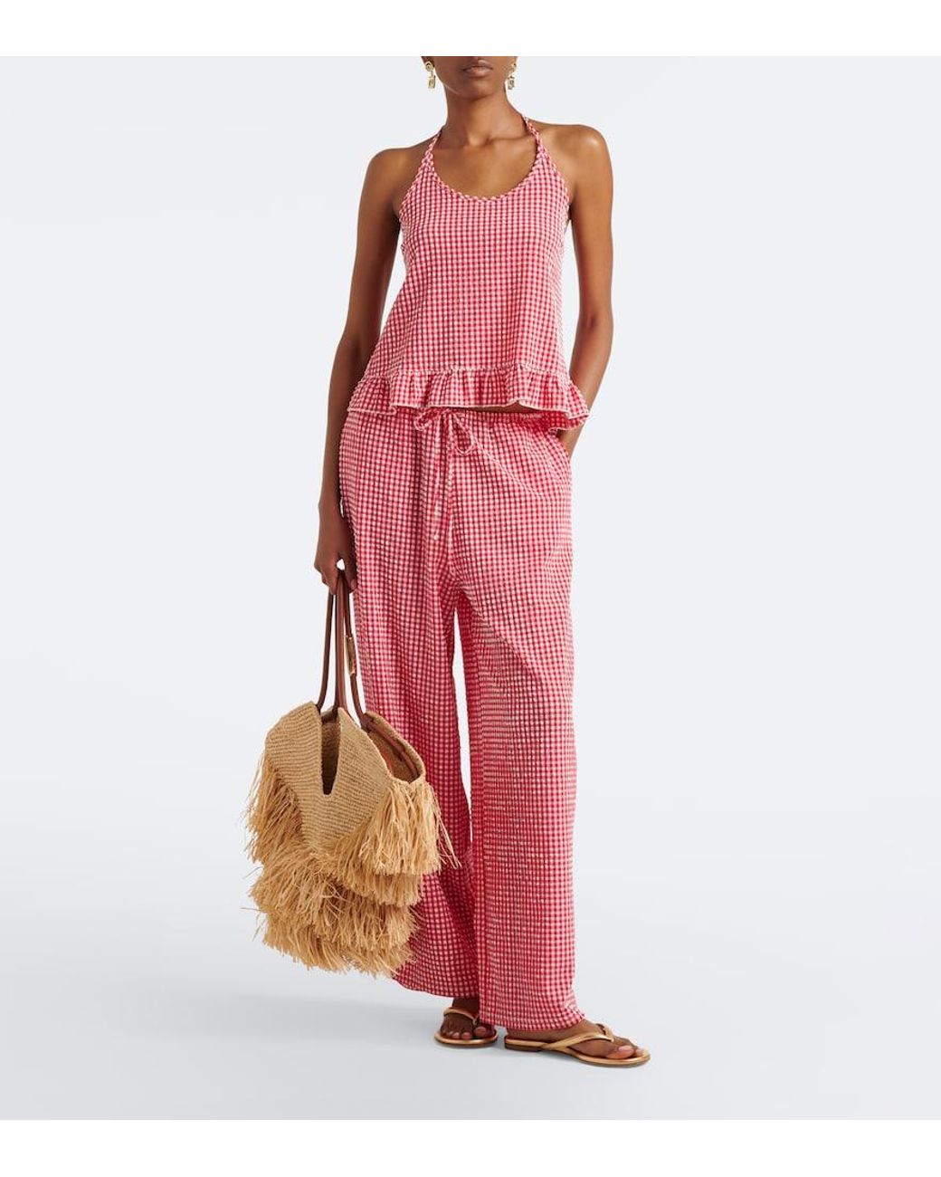 Montce Pink Gingham Seersucker Wide-Leg Pants