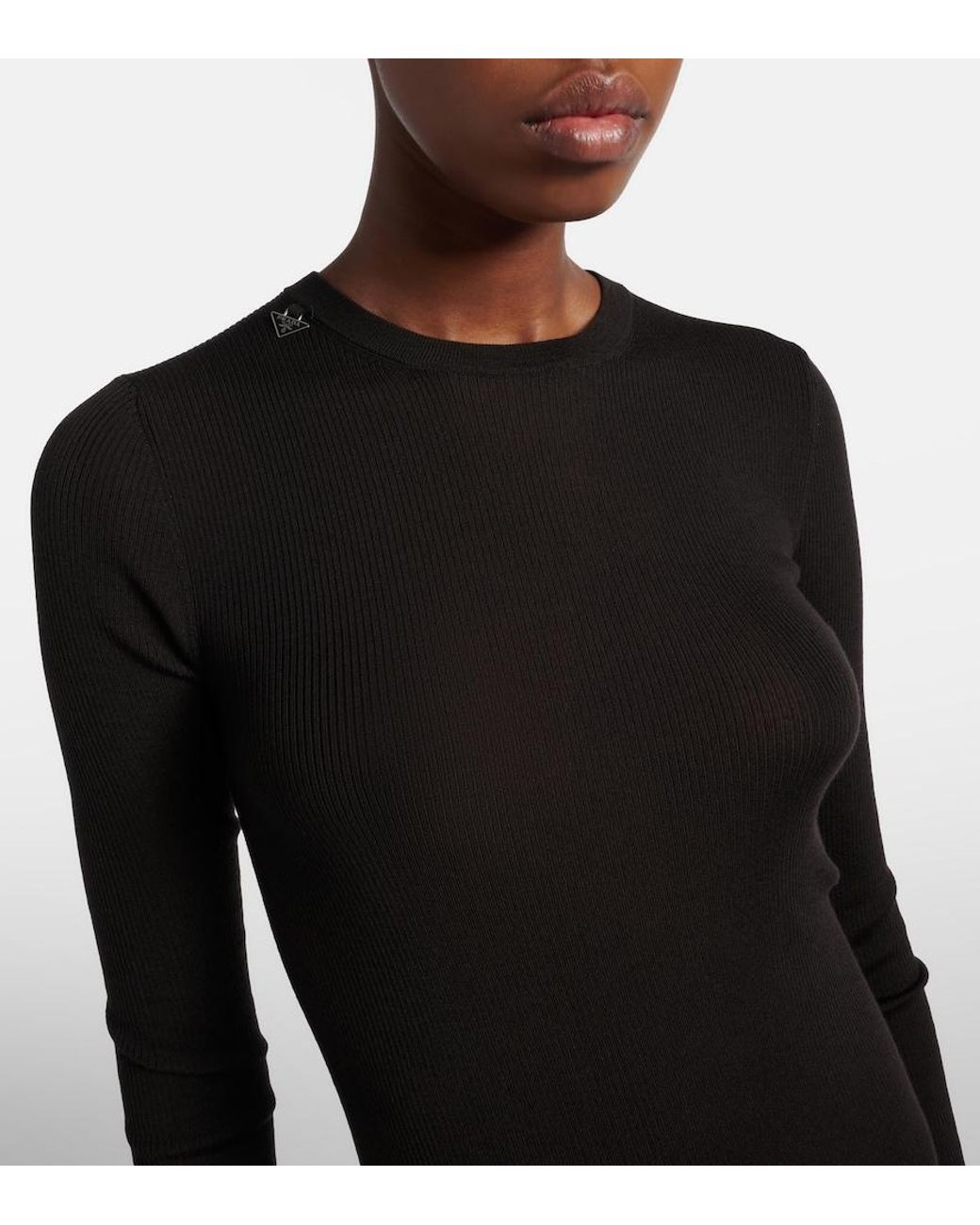 Prada Black Ribbed-Knit Virgin Wool Midi Dress