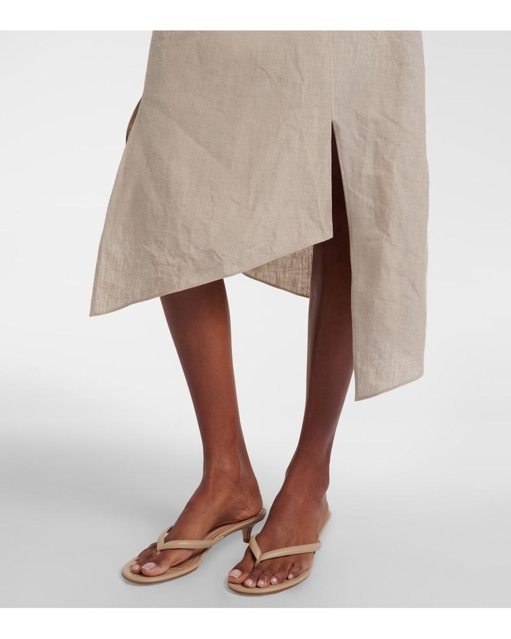 Coperni Natural Floral-Applique Asymmetric Linen Midi Skirt