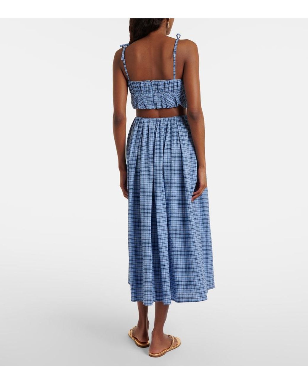Faithfull The Brand Blue Agora Checked Cotton Midi Skirt