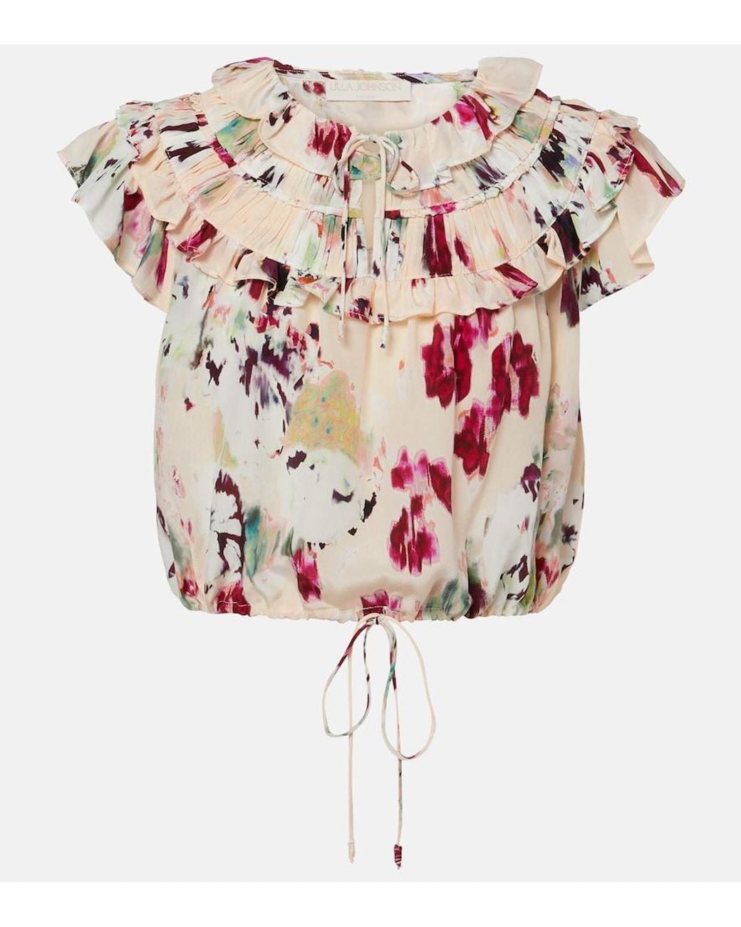 Ulla Johnson Pink Eleonore Floral Ruffled Silk Crop Top