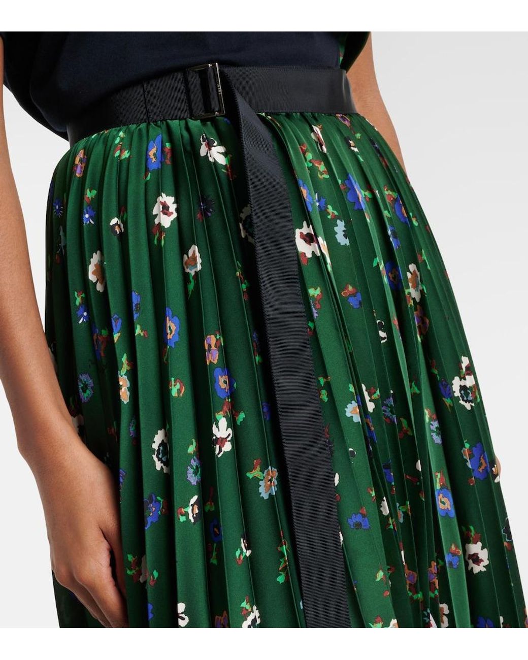 Sacai Green Floral Plisse Satin Midi Skirt