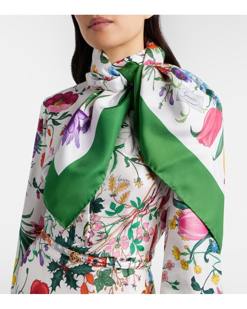 Gucci Green Flora Silk Twill Scarf