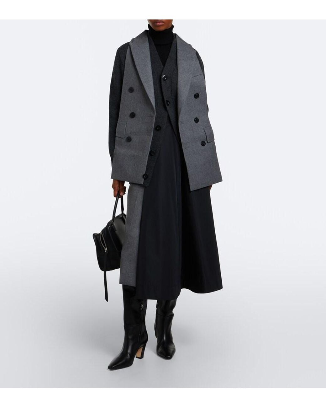 Sacai Black Paneled Taffeta And Wool Flannel Midi Skirt