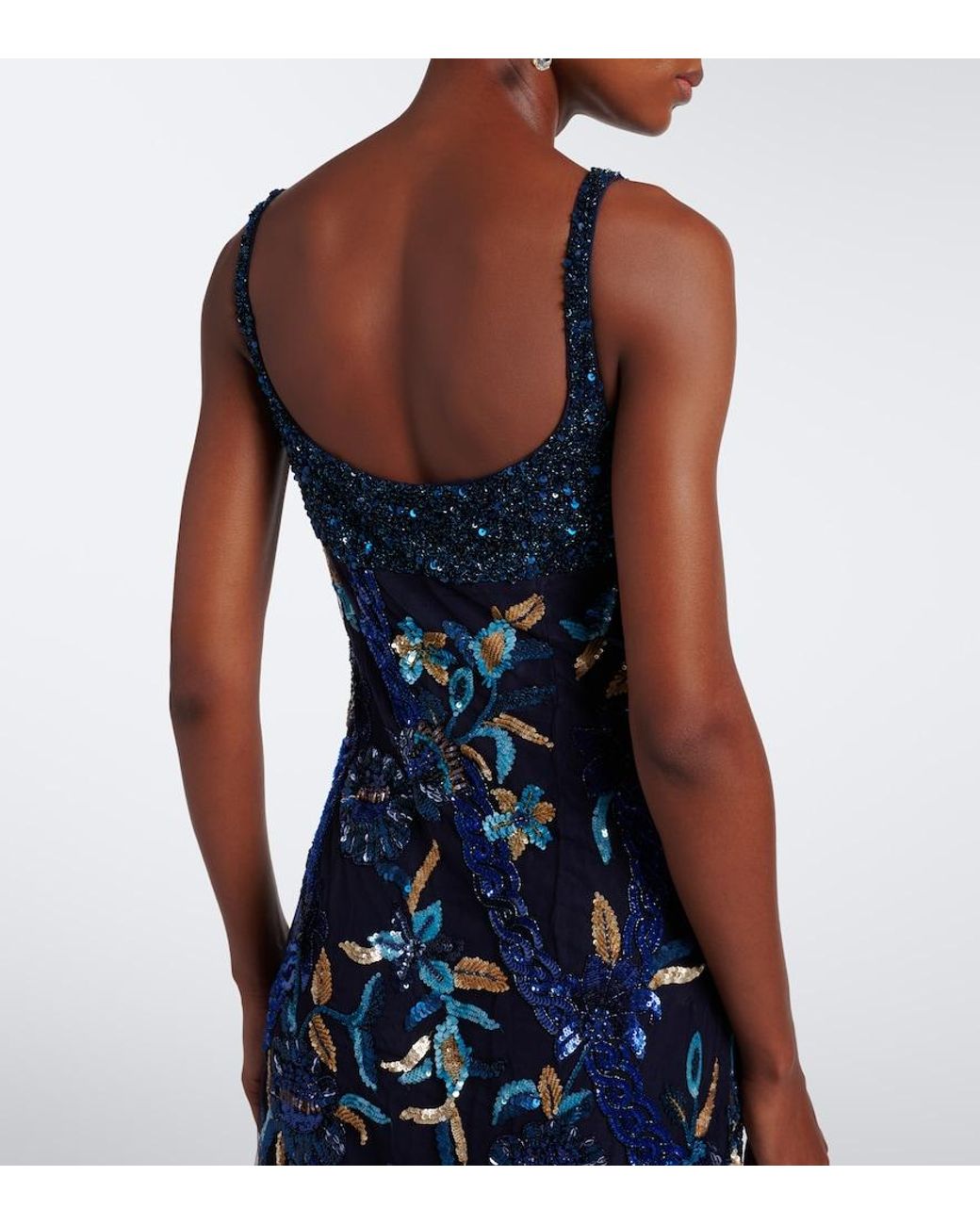 La Fuori Blue Embellished Floral Mesh Gown