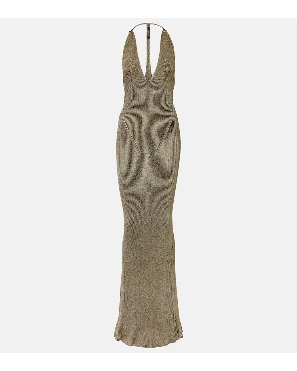 Roberto Cavalli Natural Ribbed-Knit Lame Maxi Dress