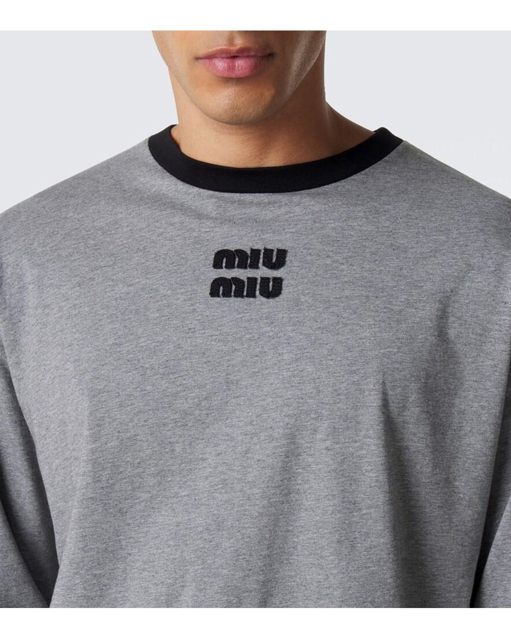 Miu Miu Gray Embroidered Logo Cotton Jersey T-Shirt for men