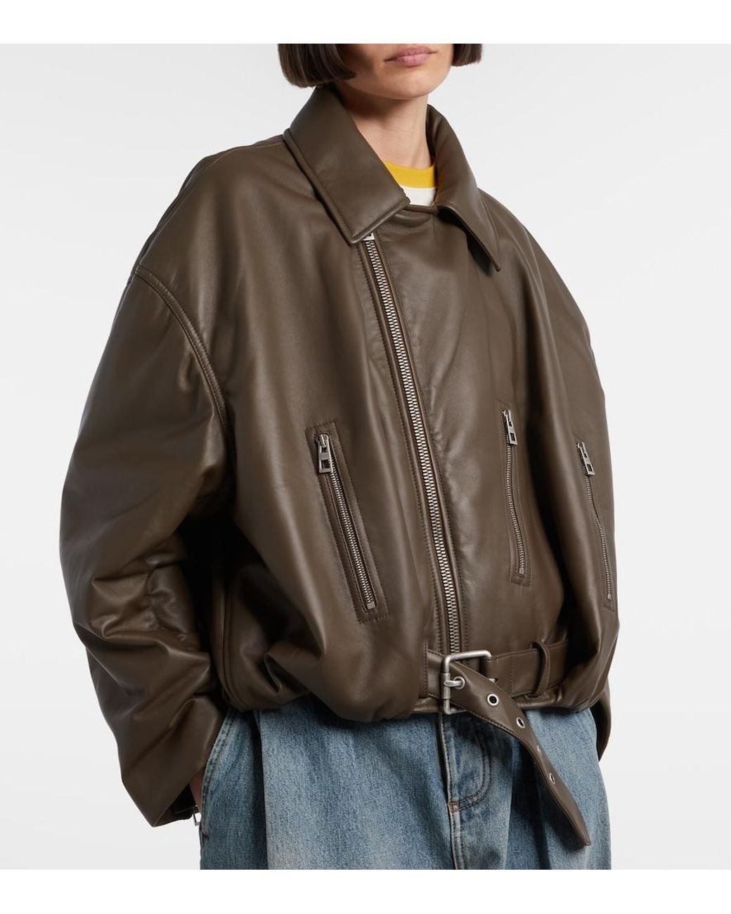 Loewe Brown Cropped Leather Biker Jacket