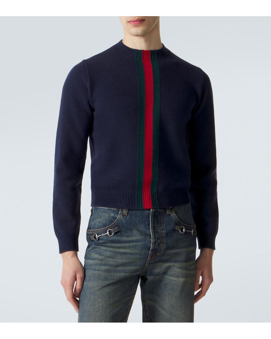 Gucci Blue Web Stripe Wool Sweater for men
