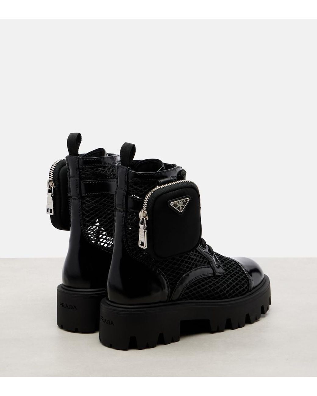 Prada Black Schnuerstiefel Aus Mesh Und Leder