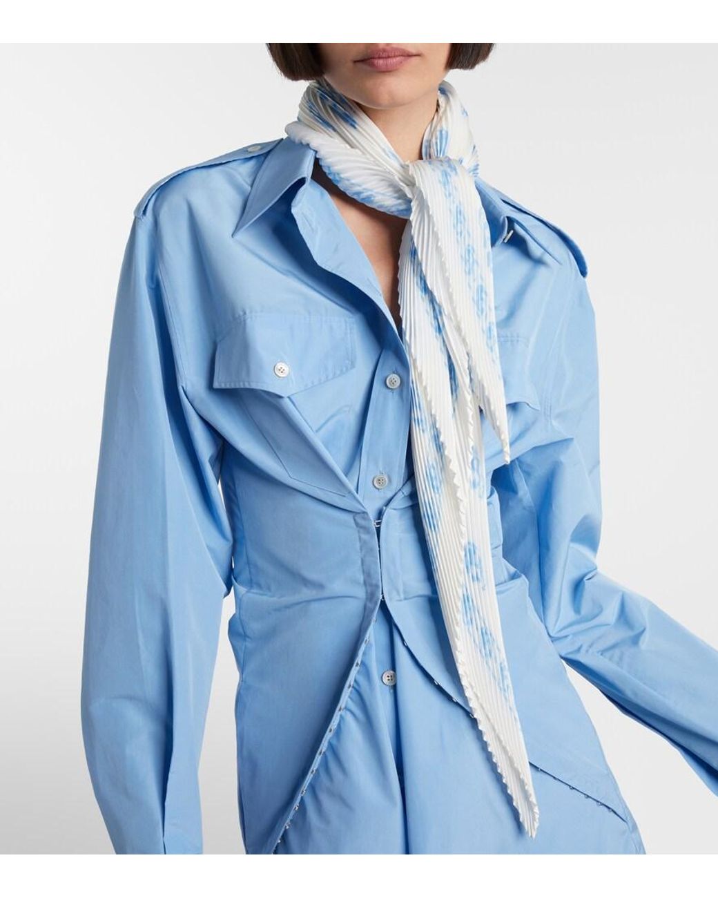 McQueen Blue Skull Pleated Silk Twill Scarf