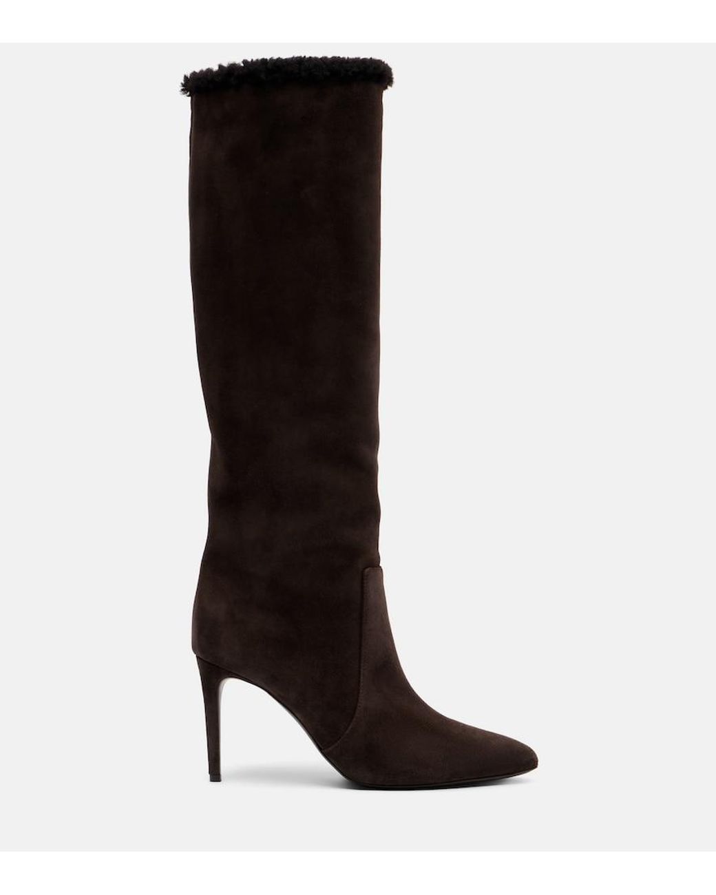 Paris Texas Black Stiletto 85 Shearling-Trimmed Suede Knee-High Boots