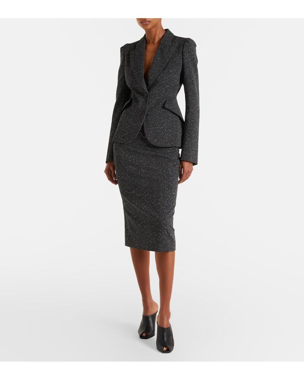 McQueen Black Pinstripe Wool Tweed Pencil Skirt