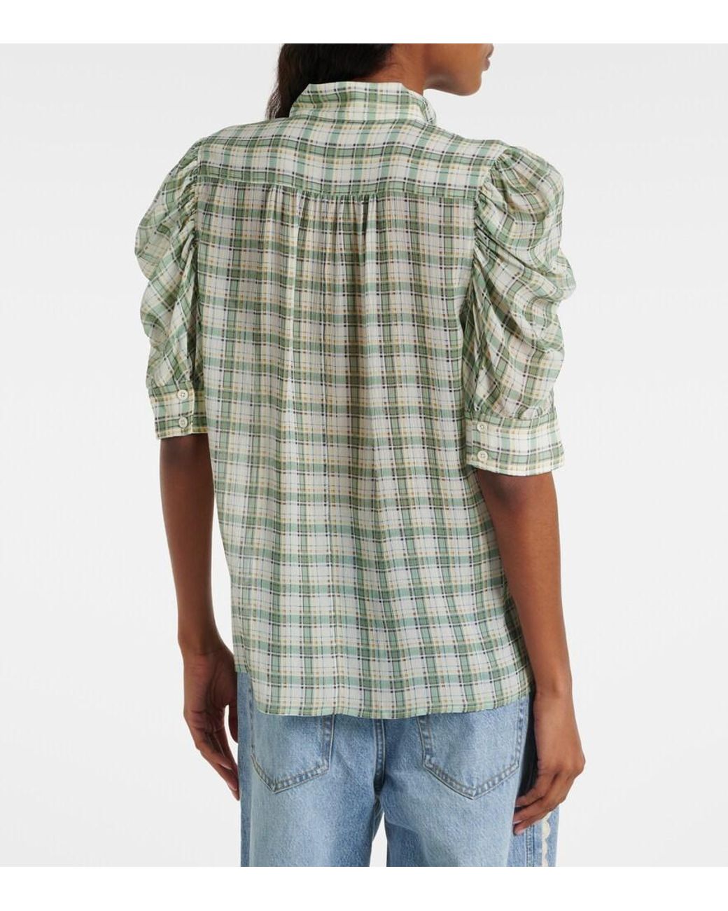 FRAME Green Gillian Checked Silk Blouse