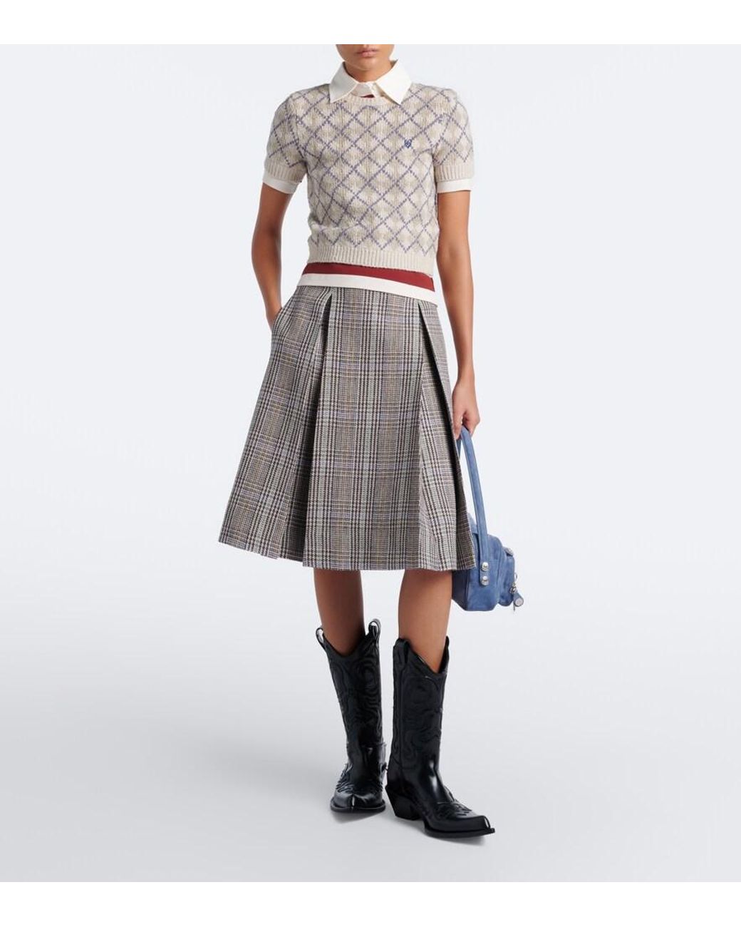 Acne Gray Checked Pleated Wool Midi Skirt