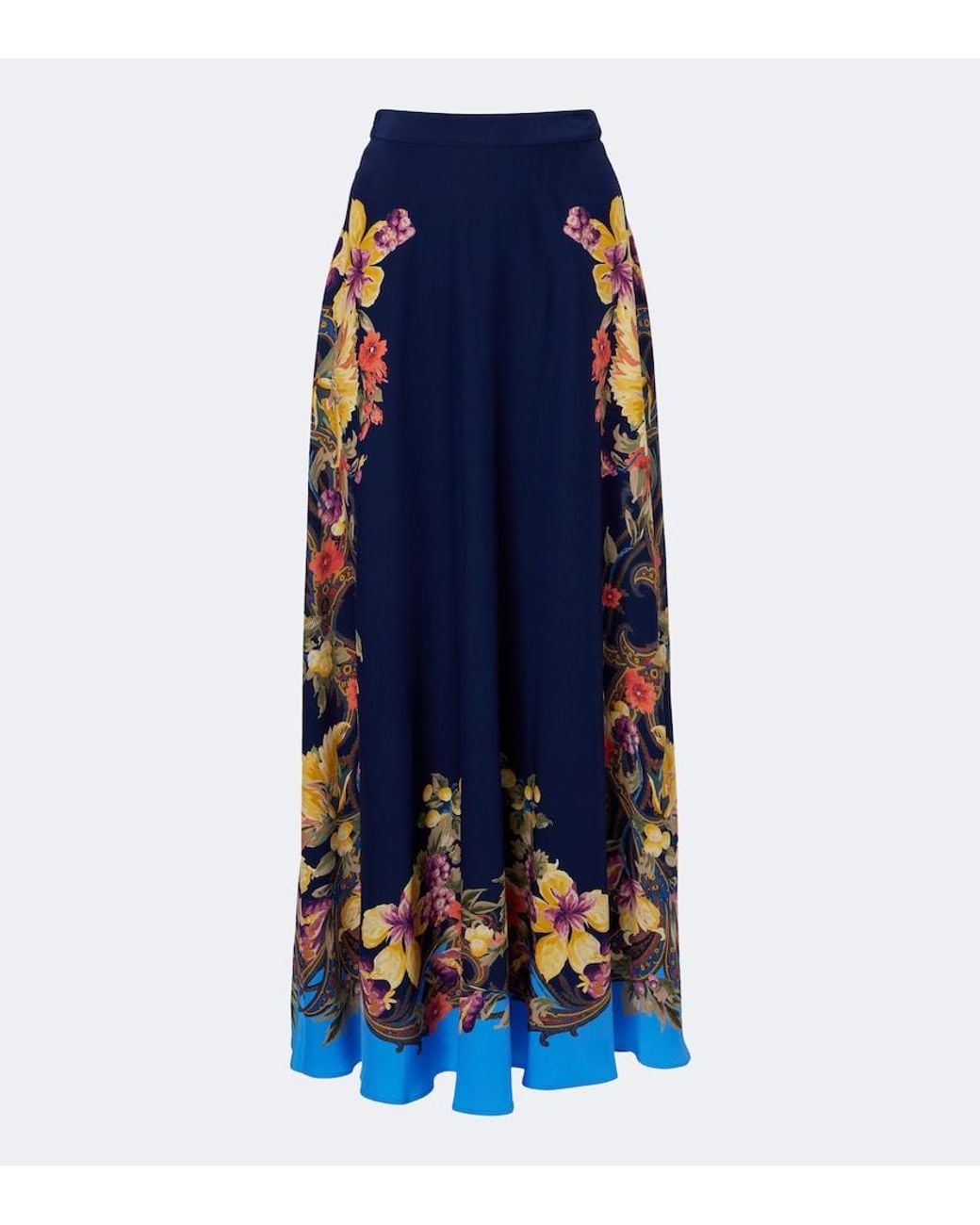 Etro Blue Floral Silk Crepe De Chine Maxi Skirt