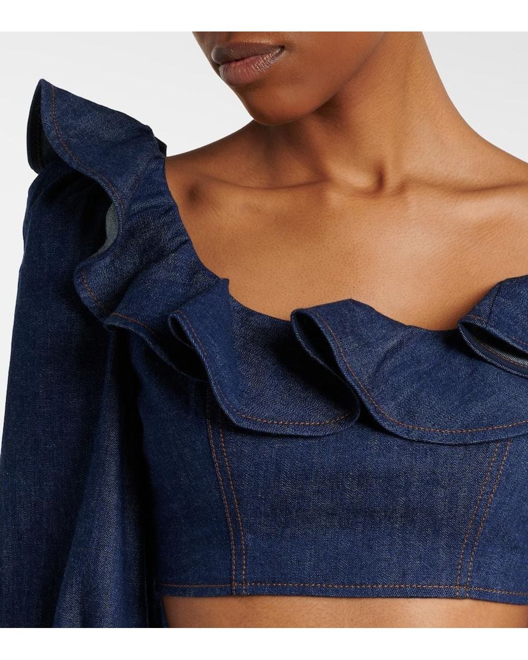 Zimmermann Blue Aster Ruffled Denim Crop Top
