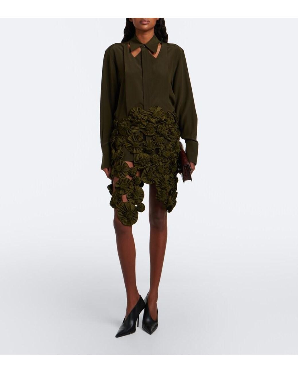 Victoria Beckham Green Floral-Applique Satin Midi Skirt