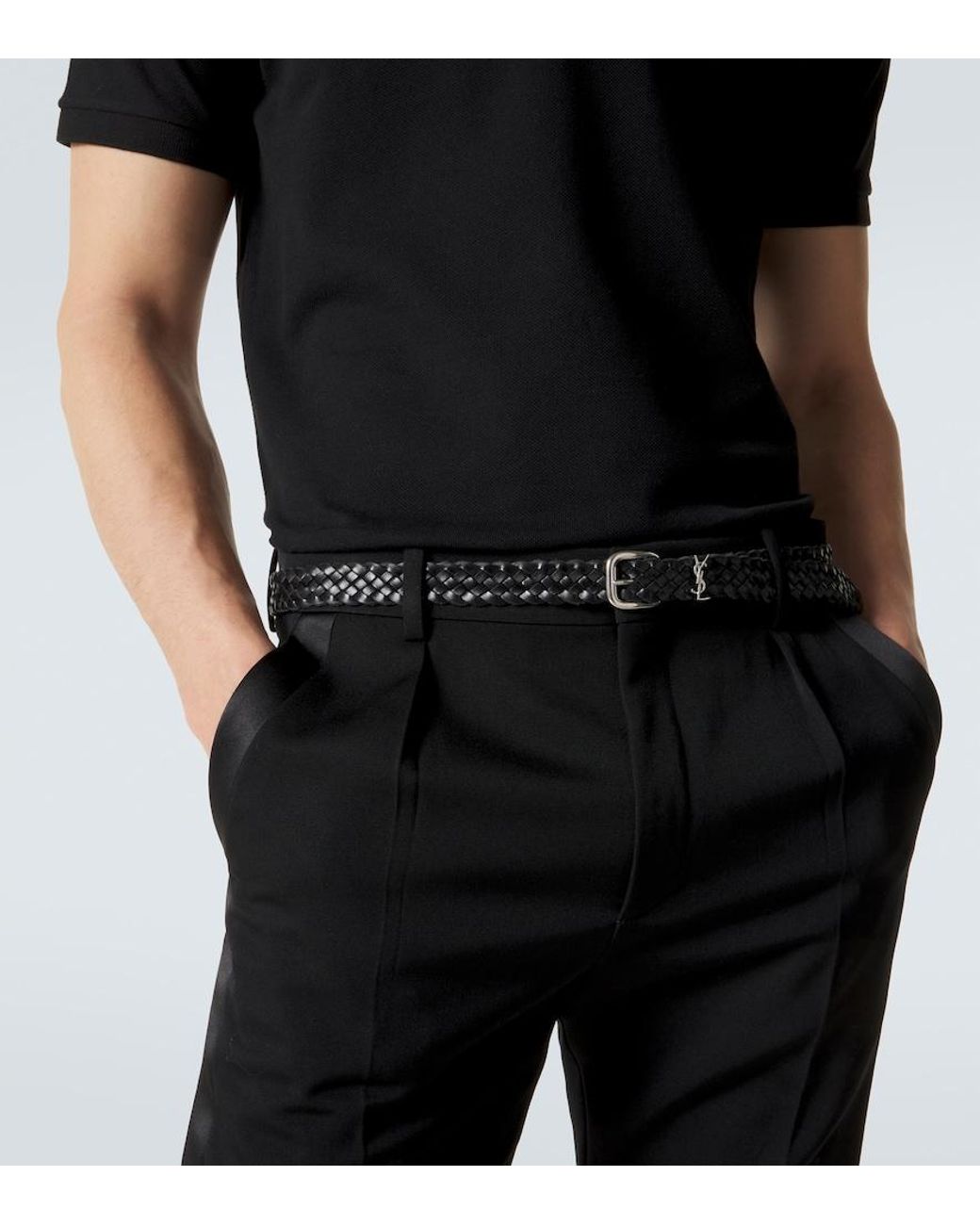 Saint Laurent Black Cassandre Woven Leather Belt for men