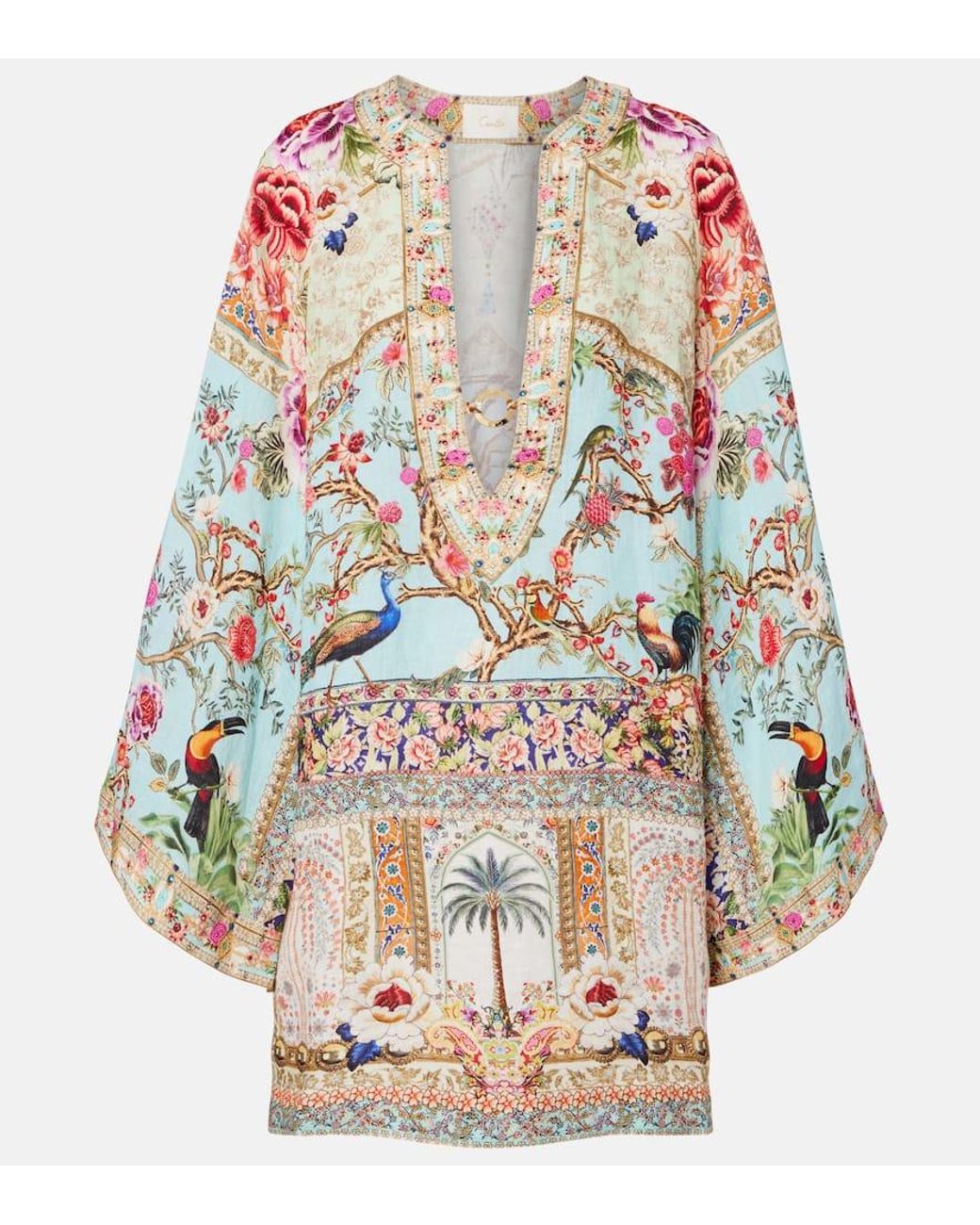 Camilla Multicolor Embellished Printed Ring-Detail Linen Kaftan